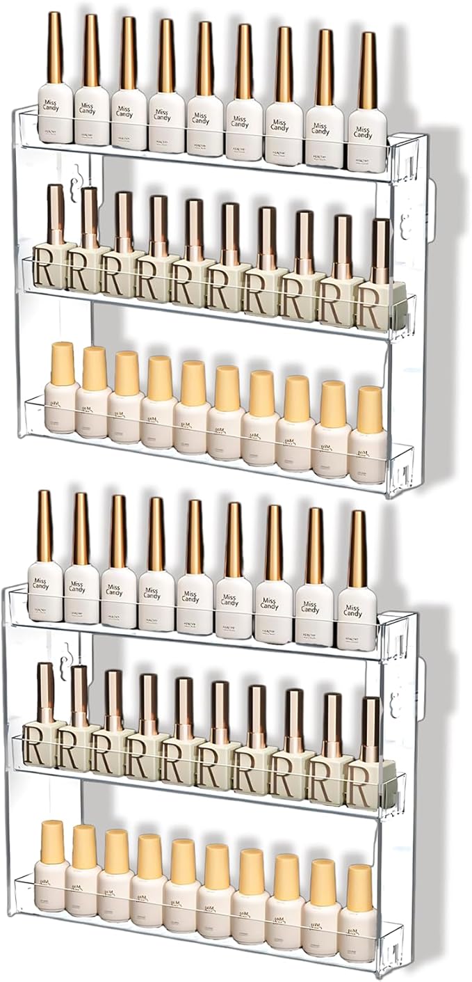 3 Layers Makeup Organizer Wall Mounted, Acrylic Invisible Floating Shelves with Anti-Slip Adhesive Backing, Sunglasses Display Rack, Nail Polish Storage, Clear (2 Pack)