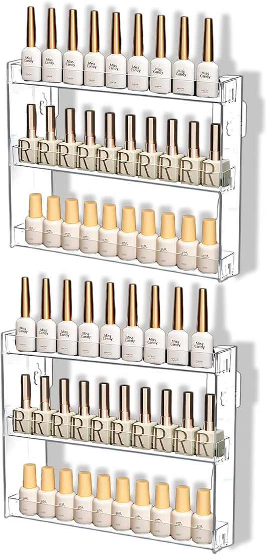 3 Layers Makeup Organizer Wall Mounted, Acrylic Invisible Floating Shelves with Anti-Slip Adhesive Backing, Sunglasses Display Rack, Nail Polish Storage, Clear (2 Pack)