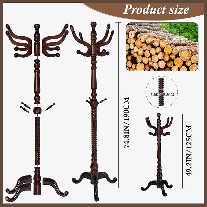 Wooden Coat Rack Freestanding, Vintage Coat Racks with Sturdy Round Base, Adjustable Height 37.40"-72.83" Entrance Coat Rack for Bedroom Living Room Entryway (Vintage Triangle)