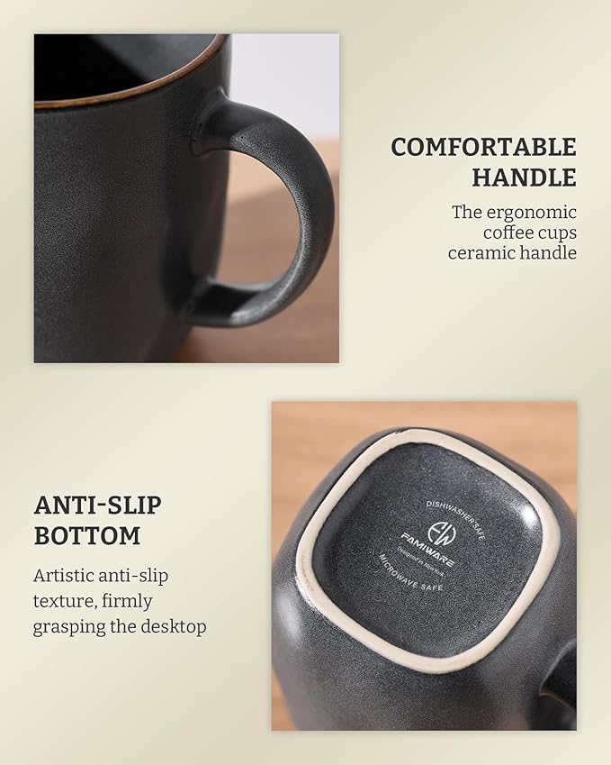 famiware Coffee Mugs Set of 4, Ocean Square 13oz Coffee Cup Set with Handle for Cocoa, Milk, Hot Chocolate, Tea, Water, Stoneware Cups for Kitchen, Microwave and Dishwasher Safe, Matte Black