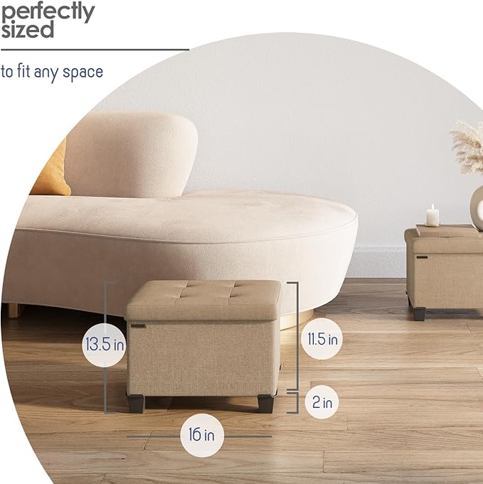 STORAGEBUD Storage Ottoman Cube with Small Bin, 16-in Square Ottoman with Storage for Living Room and Bedroom, Small Ottomans Foot Rest, Fabric Foot Stools Ottomans Max 330lbs, Taupe