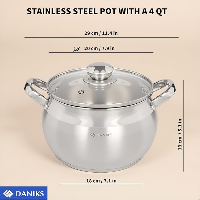 Daniks Classic Stainless Steel Stock Pot with Glass Lid – Induction 4 Quart, Dishwasher Safe, Measuring Scale, For Soup, Pasta, Stew, Silver