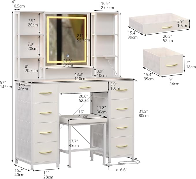Vanity Desk with Mirror and Lights Charging Station Modern Industrial Dressing Table with 9 Fabric Drawers and Open Storage Shelves,Makeup Vanity Table for Woman Bedroom (White)