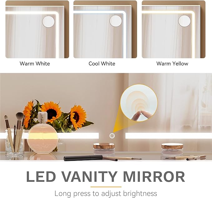 DWVO Makeup Vanity with Large Mirror and Lights, 46" Vanity Desk Dressing Table Set with 11 Drawers & Storage Stool, Dressing Table with Power Outlet and Magnifying Glass, Dressing Room, White