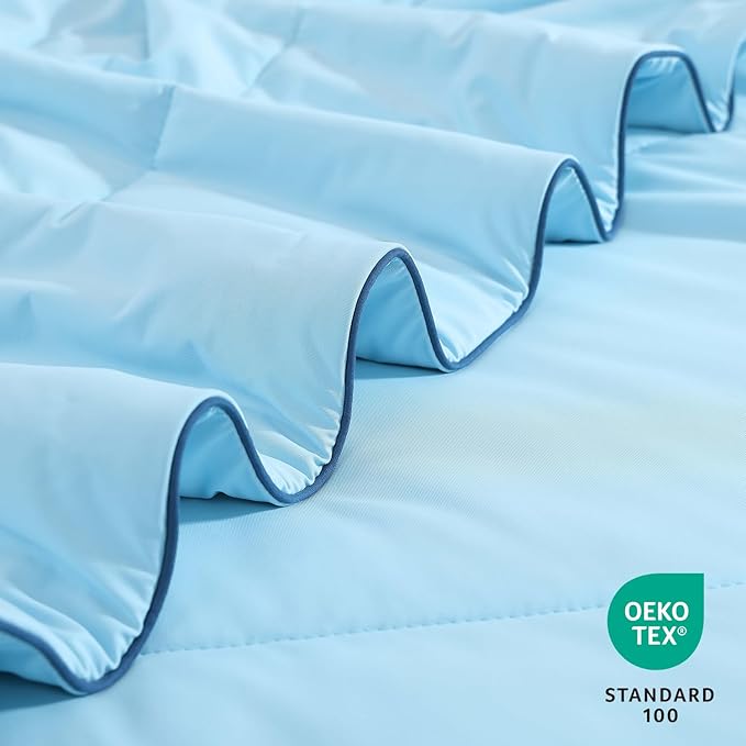 Monbix ChillChilla Cooling Comforter Queen Size-3 Pieces Cooling Blankets for Hot Sleepers and Night Sweats, Double-Sided Summer Queen Comforter Set, Breathable Lightweight Blanket Blue