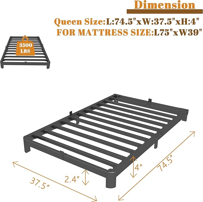 4 Inch Twin Bed Frames with Metal Baffles, Black Bed Frame Twin Size No Box Spring Needed, Rounded Corner Legs, Heavy Duty Steel Platform Support, Reserved Holes, Noise Free, Easy Assembly