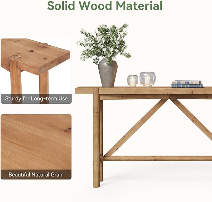 Solid Wood Console Table for Entryway, 63" Long Farmhouse Entryway Sofa Table for Living Room, Wooden Narrow Console for Hallway, Foyer, Entrance (Rustic Brown)