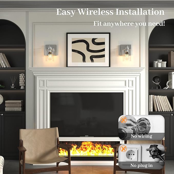 Battery Operated Wall Light with Remote Control, Dimmable Wall Sconce Set of 2 No Wiring, Rechargeable Wireless Wall Lamp for Living Room Bedside Hallway Lounge Mirror, Nickel
