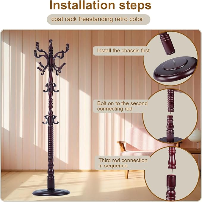 Coat Rack Freestanding with 18 Hooks, Wooden Standing Coat Racks for Entryway, Solid Wood Clothes Hanger Rack with Sturdy Round Base for Entryway, Hall, Bedroom, Office, Hallway