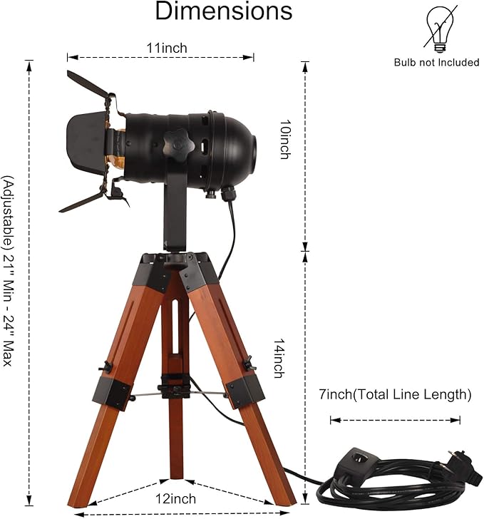 Modern Industrial Vintage Tripod Floor Table Lamp - Metal Wooden Nautical Cinema Standing Searchlight - Reading Light for Living Room Movie Theatre Decoration Adjustable Height (excluding Bulb)