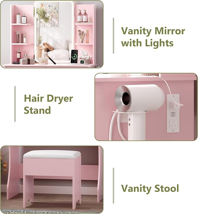 Small Vanity Desk with Mirror and Lights, Makeup Vanity with LED Lights, Pink Vanity Mirror with Lighted Desk and Chair, 3 Lighting Adjustable Compact Dressing Table with Mirror for Women, Girls
