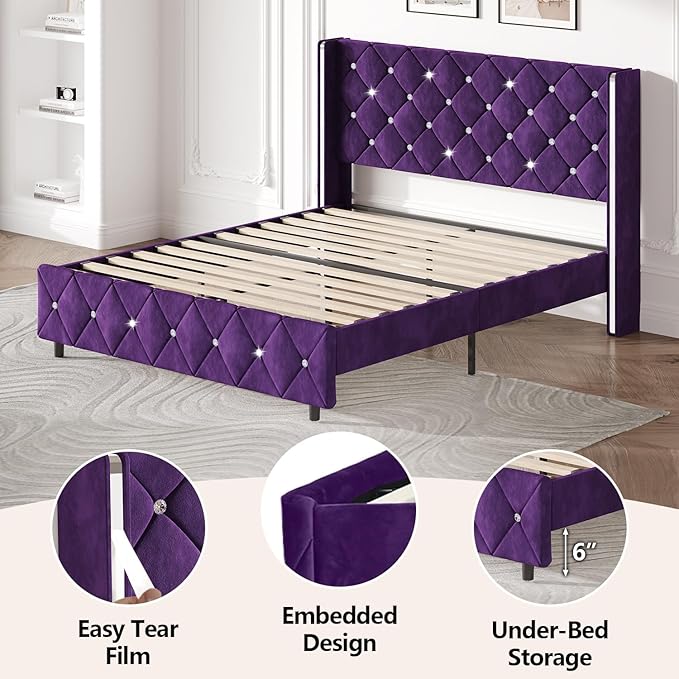 HOMBCK Queen Size Bed Frames with Headboard, Black Velvet Queen Bed Frame with Wingback, Upholstered Bed Frame with Diamond Headboard, Wood Slat Support, No Box Spring Needed, Easy Assembly,Purple