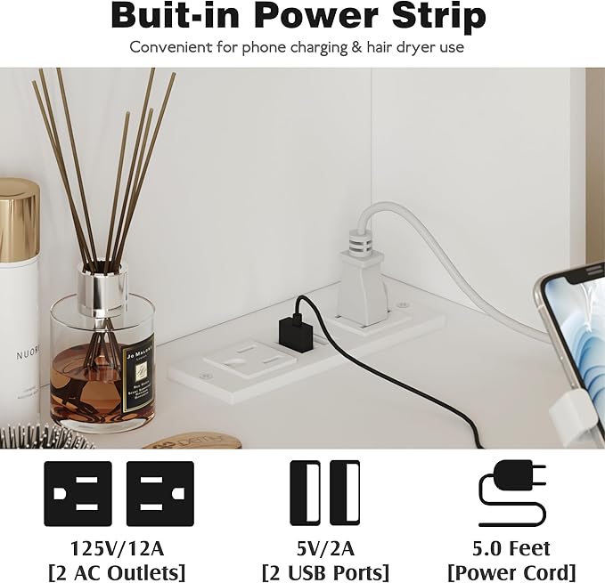 YESHOMY Vanity Desk with Mirror, Power Outlet and 10 Lights, Makeup Table with 7 Drawers, 3 Color Modes Available for Bedroom, Clear White