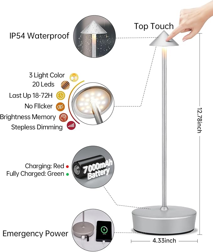 2Pack Cordless Table Desk Lamp with USB-A Output Port, 7000mAh Portable Led Table Light, Outdoor Waterproof Table Lamp for Dining Restaurant Patio Home, 3 Light Color Stepless Dimming