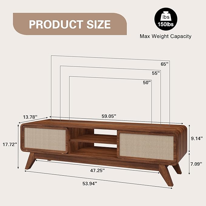 AVZEAR Mid Century Modern TV Stand for TVs up to 65'', Farmhouse Entertainment Center with Storage, TV Cabinet Table with Nature Linen Doors, Media Console TV Consoles for Living Room Bedroom (Walnut)