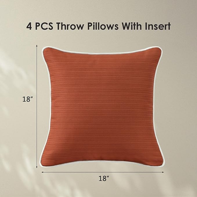 Decorative Outdoor Water Repellent Throw Pillows with Inserts, Set of 4, 18" x18" Pillows for Patio, Backyard, Bed, Couch, and Patio Furniture, Tangerine