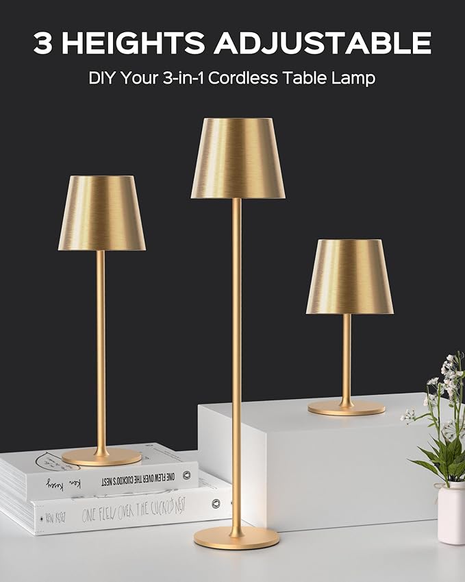 JACKYLED Cordless Table Lamps Rechargeable, 3 Adjustable Height, 5000mAh Battery Operated, 3 Colors Smooth Dimming, Portable LED Waterproof Table Lamp for Dining, Bedroom, Outdoor-Gold