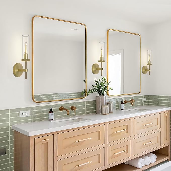 Knurled Brass Wall Sconces Indoors, Glass Tube Sconces Wall Lighting 14", Gold Bathroom Vanity Wall Sconces, Wall Lights For Living Room Bedroom Hallway Kitchen Bathroom Mirror(Including Bulb)