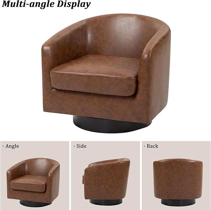 Swivel Barrel Chair, Modern Round PU Leather Accent Armchair for Living Room, Bedroom, Oversized Comfy Club Reading Chairs for Adults (Leather Coffee, Set of 1)