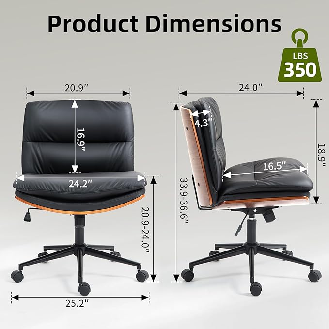 Office Chair, Criss Cross Legged Office Desk Chairs with Wheels, PU Leather Adjustable Swivel Walnut Task Chair with Wide Seat, Ergonomic Mid Back Computer Chair for Meeting Room, Home