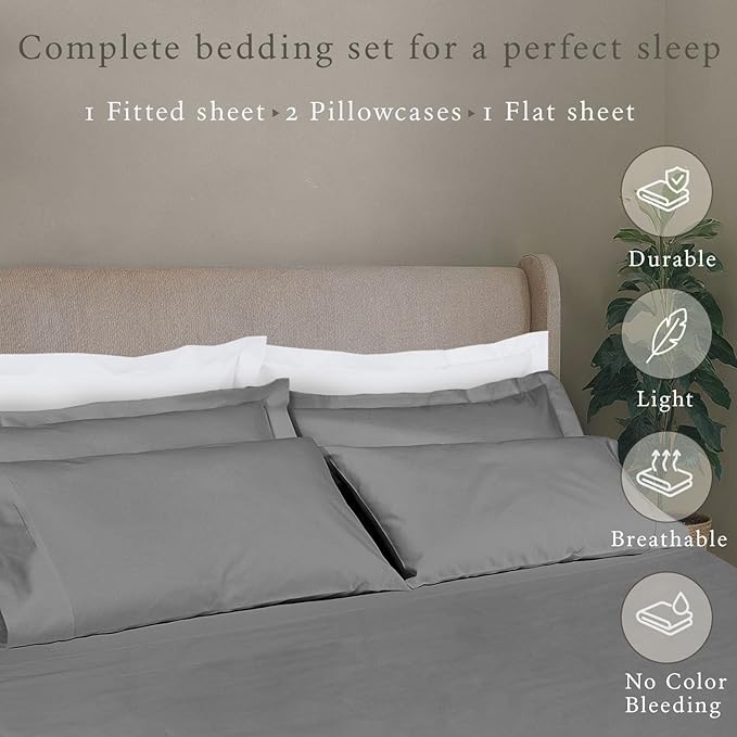 Threadmill 100% Cotton Deep Pocket/Soft/Fade Resistance, 500 Thread Count, Solid 4-Piece Bed Sheet Set (1 Flat, 1 Fitted Sheet, 2 Pillow Covers), Full, Dark Gray