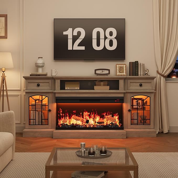 QUW 70" Farmhouse Fireplace TV Stand for TVs up to 80", Entertainment Center with 36" 3-Side Glass Electric Fireplace with Open Shelf and Cabinet, TV Console for Living Room, Grey