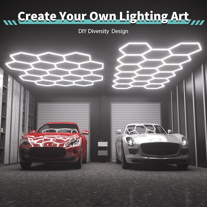 Hexagon Garage Lights: 476W 69 Pack 17 Grids LED Garage Lights - Easy Install 6500K Super Bright Honeycomb Light for Warehouse, Car Detailing Shop, Exhibition Hall, Gym
