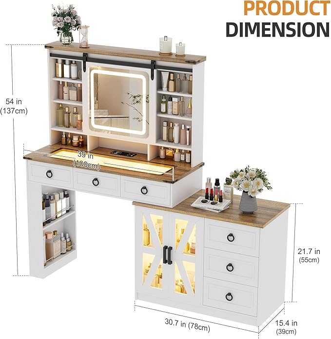HNEBC Farmhouse Makeup Vanity Desk with Sliding Mirror and Lights,40" W Glass Tabletop Vanity Table with Charger,LED Vanity Set with Jewelry Armoire,6 Drawers,10 Shelves,Adjustable Cabinet