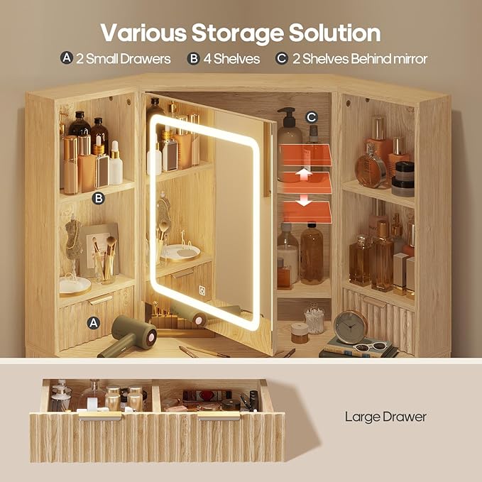 Fluted Corner Vanity Desk with Mirror Lights, Makeup Vanity with Charging Station, Drawers & Rotating Cabinets, Corner Vanity with Storage Bench, for Bedroom, Natural Wood