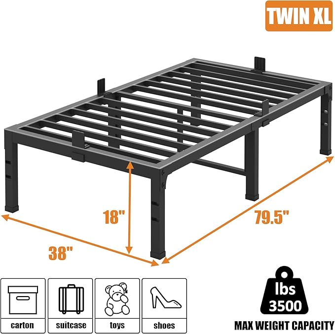 FUIOBYVV Twin XL Bed Frames 18 Inch Heavy Duty Metal Platform Bed Frame Twin Size Support Up to 3500 lbs, No Box Spring Needed/No Shaking/Steel Slat Support/Noise Free/Easy Assembly