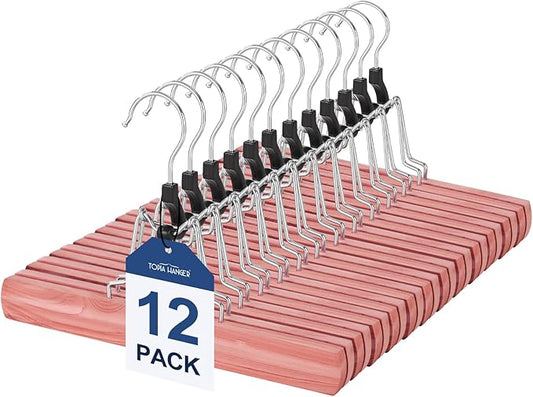 TOPIA HANGER 12 Pack Cedar Pants Hangers, Hair Extension Hangers Non Slip Skirt Hanger Wood Clamp with Velvet Padded 360° Swivel Hook for Jeans, Skirts, Trousers, Wigs CT67C