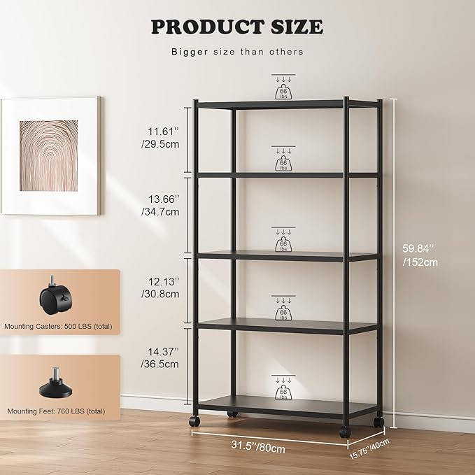 ZZL 5 Tier Large Bookshelf 31.49" Width,Tall Book Shelf Storage and Organization w/Wheels,Industrial Book Shelves for Home Office,Bedroom,School,Living Room(Black)
