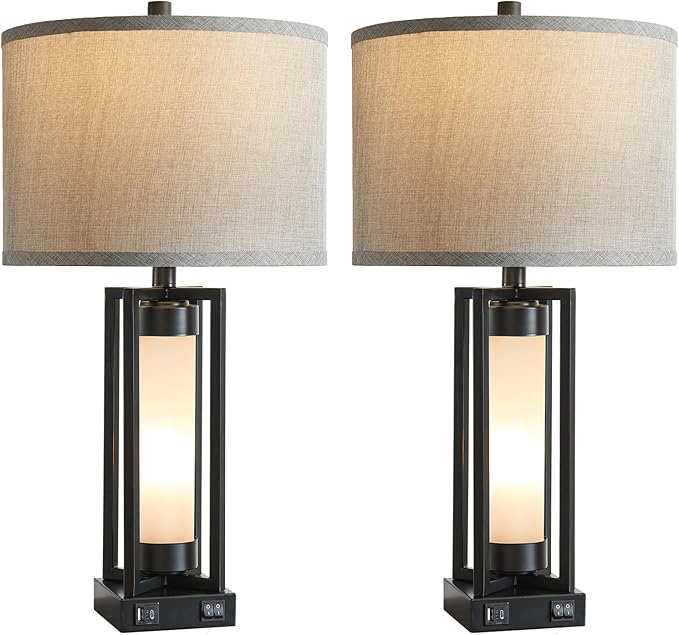 RORIANO Set of 2 Modern Table Lamps for Living Room with USB C+A Ports, Rustic Nightstand Lamp with White Night Light, Retro Desk Lamp for Bedroom End Table Entryway, 4 Bulb Included (Black)