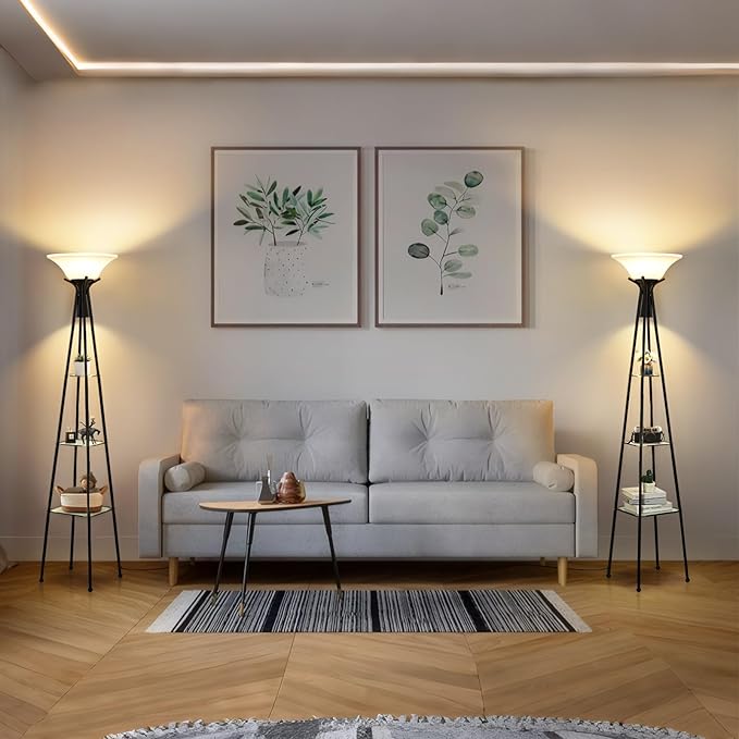 Floor Lamp with Shelves, 69” Tall Shelf Lamp with Remote Control, 3-Tier Glass Shelf Lamp, Dimmable Torchiere Floor Lamps for Living Room, Bedroom, Home Office, 3 Color Temperatures Bulbs Included