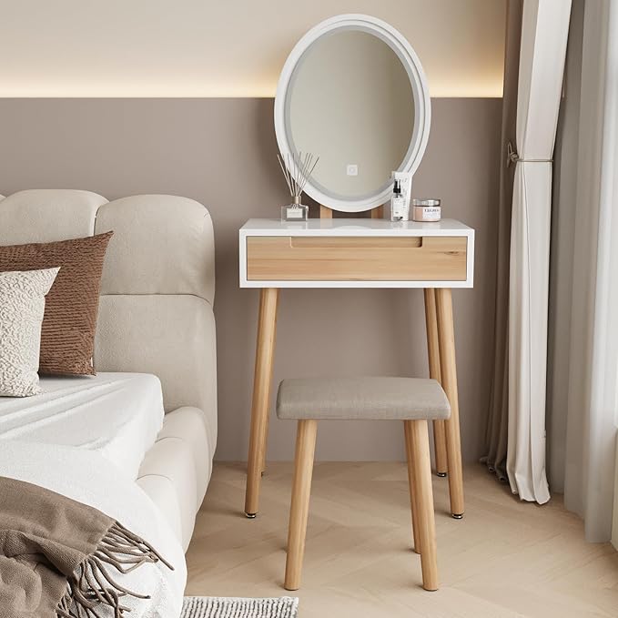 ARTETHYS Small Makeup Vanity Desk with 3 Adjustable Lighted Mirror and Chair, 24 Inch Vanities Set with Drawer Wooden Frame Dressing Table for Mini Space