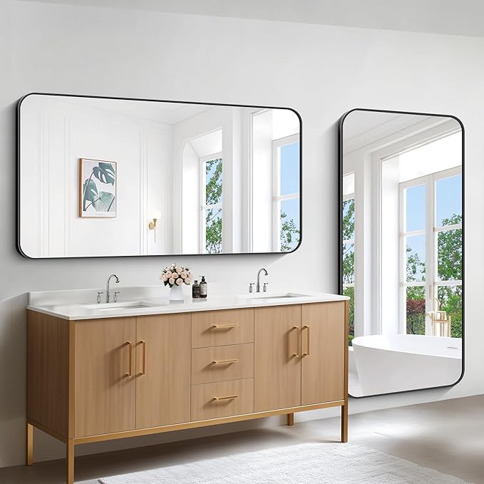 Bathroom Mirror, 30x60 inch Black Rectangle Wall Mirror, Metal Frame Rounded Corner Vanity Mirror, Large Wall Mounted Mirrors for Over Sink Bedroom Living Room Horizontal Or Vertical Mounting