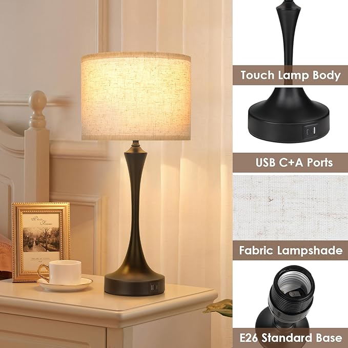 GGOYING 22” Set of 2 Touch Control Table Lamp with USB A+C Ports, 3-Level Dimmable Bedside Lamp with Fabric Lampshade, 3000K LED Bulbs, Nightstand Lamp for Bedroom Livingroom Office, Black