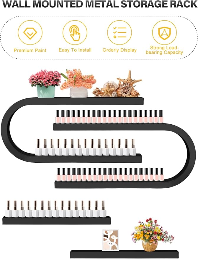 EBANKU 6PCS U Shape Nail Polish Racks Heavy Duty Nail Shelfs for Wall Nail Polish Display Rack Cosmetic Display Cases Nail Polish Organizer Wall Shelf for Home Spa Nail Salon(Black)