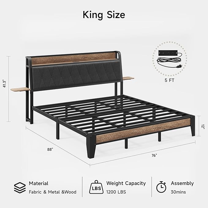 King Size Bed Frame with Side Storage Shelf, Ergonomic Upholstered Headboard with Charging Station, King Platform Bed Frame, Metal Slats Support, No Box Spring Needed, Easy Assembly, Black