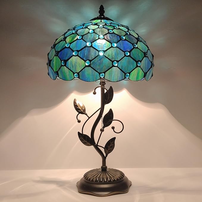 Tiffany Table Lamp, Stained Glass Desk Light, W12H19 Inch, Metal Leaf Base (Sea Blue Pearl Style)