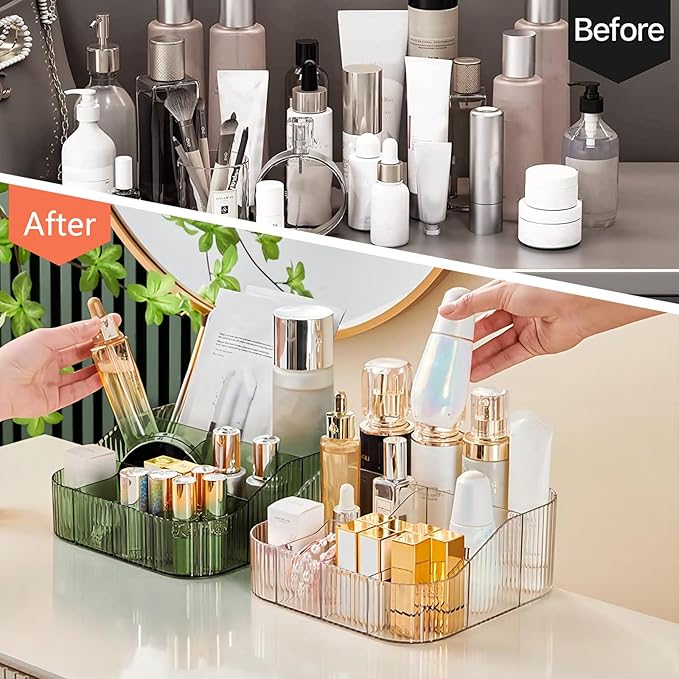 DASITON Large Capacity Makeup Brush Holder,8 Slot Makeup Brush Cup,Vintage striped Make Up Brush Holder,for Vanity Decor,Bathroom Countertops,Desk Storage Container,Cosmetic Display cases(Green-XL)