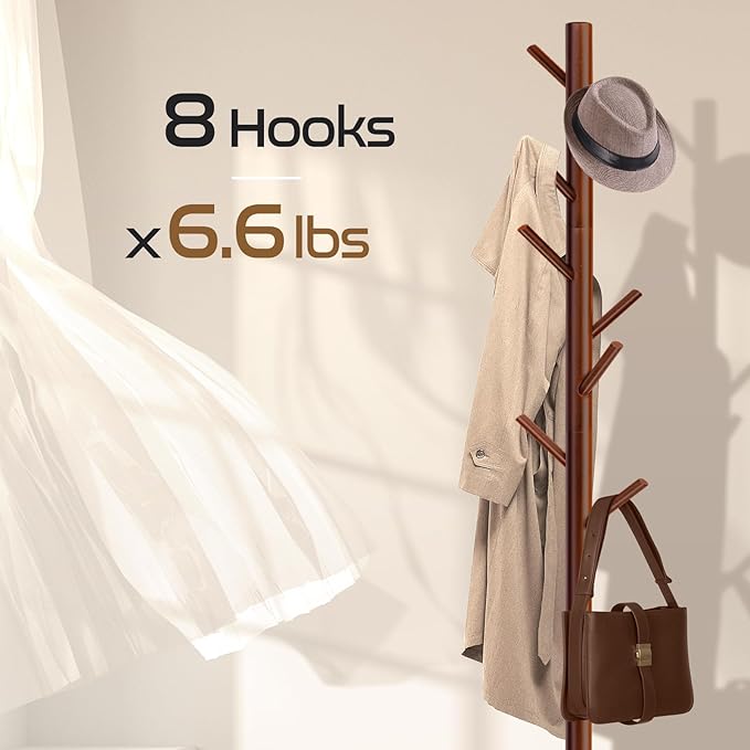 2PCS Solid Wooden Coat Rack Freestanding, New Zealand Pine Coat Tree with 8 Hooks & 3 Adjustable Sizes for Coats, Hats, Handbags and Scarves, Space Saving for Entryway/Office/Bedroom (Brown)