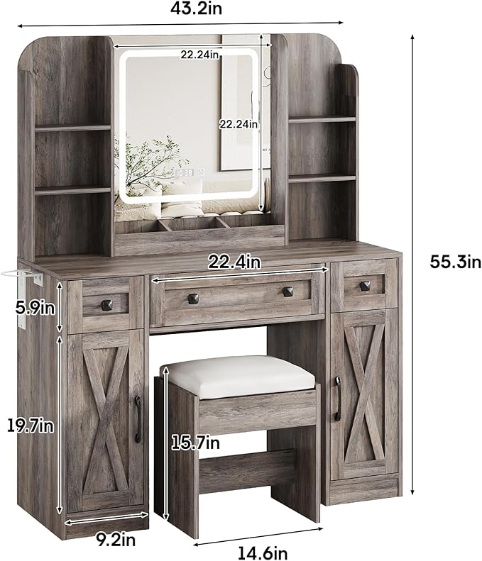 Vabches Makeup Vanity Desk, Vanity Mirror with Lights Desk and Chair,Makeup Table with 3 Large Drawers and 2 Cabinets, Time and Temperature Display, 3 LED Lighting Modes Adjustable, Grey