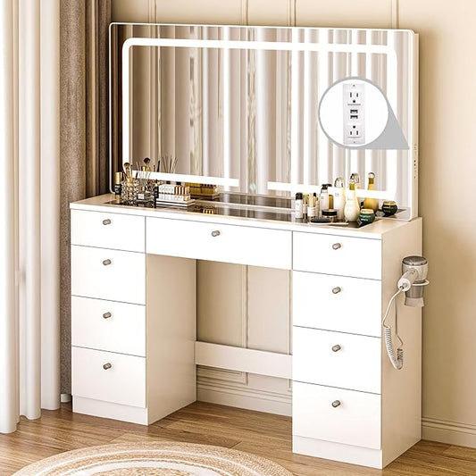 46" Makeup Vanity with Mirror, Glass Top Makeup Vanity Desk with Power Outlet and 9 Drawers, 3 Color Lighting Modes for Bedroom, White