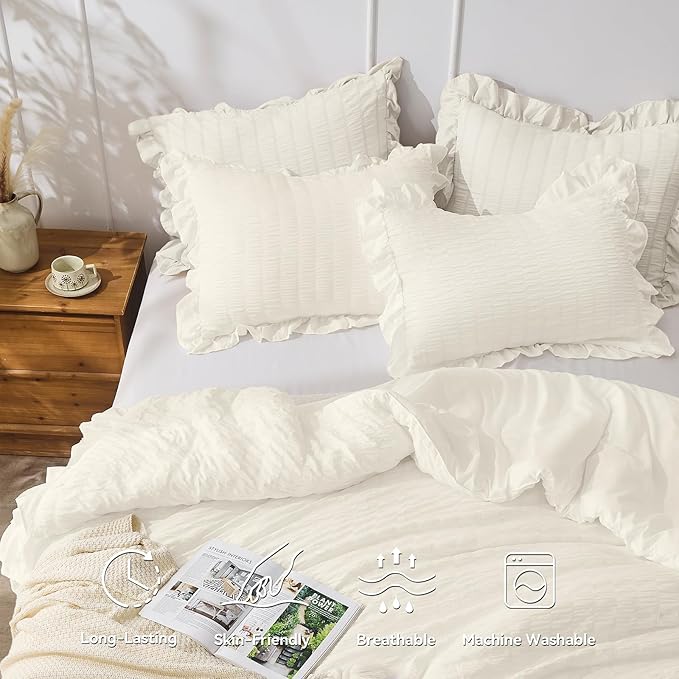 JOLLYVOGUE Ivory Queen Comforter Set, 3 Pieces Seersucker Comforters Queen Size, Lightweight & Fluffy Bedding Sets Queen for All Season with 1 Ruffle Comforter and 2 Ruffle Pillowshams
