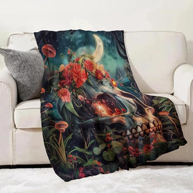 Gothic Floral Skull Blanket Gifts for Adults and Kids Halloween Throw Blankets for Bed Room Couch Soft Lightweight Warm Cozy Throws Decor 50x60in