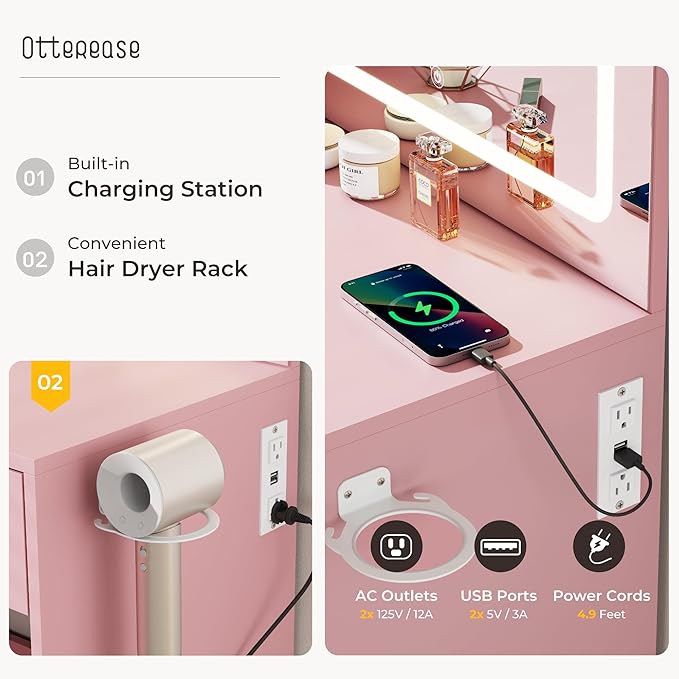 Vanity Desk with Mirror and Lights, 3 Lighting Colors and Power Outlet Makeup Vanity Desk with 5 Large Drawers and 3 Storage Shelves, Pink Vanity with Storage Stool for Bedroom