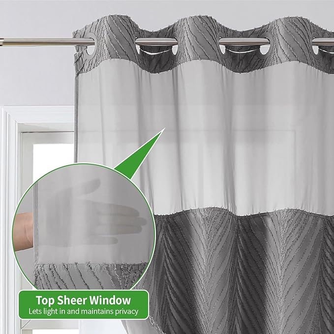 no Hook Shower Curtain and Liner Set，Boho Style with See Through Top Window, Grey Fabric Tufted Striped Textured Outer Curtain & Waterproof Inner Liner, Grey/Gray, 71Wx74H