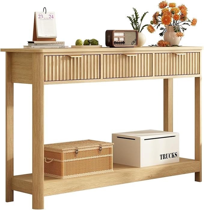 RUSTOWN Fluted Wood Console Table with 3 Drawers, Boho Narrow Behind Couch Entryway Table with Open Storage Shelf, Modern Sofa Table for Living Room, Foyer and Hallway (Natural Wood)