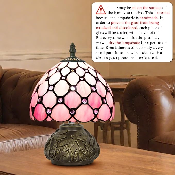 Small Tiffany Stained Glass Lamp, 3 Color Temperatures Bedside Lamp, 8 Inch Pink Pearl Beads Style Mushroom Desk Light for Bedroom Living Room Office Home Decor (Pink)